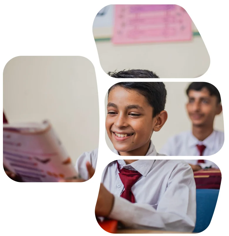 Primary students reading and smiling in class